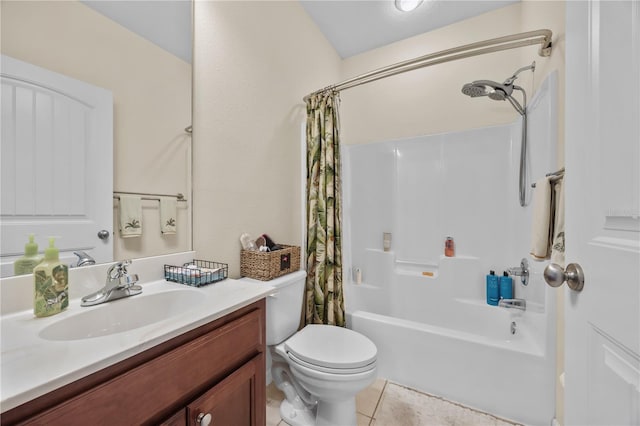 bathroom with toilet, shower / tub combo with curtain, vanity, and tile patterned floors