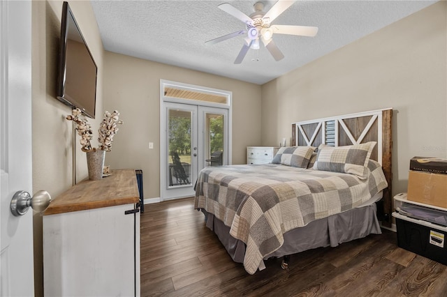 bedroom with access to outside, french doors, dark wood finished floors, a ceiling fan, and a textured ceiling