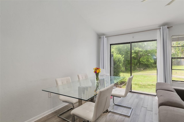 dining room featuring wood finished floors, baseboards, and lofted ceiling
