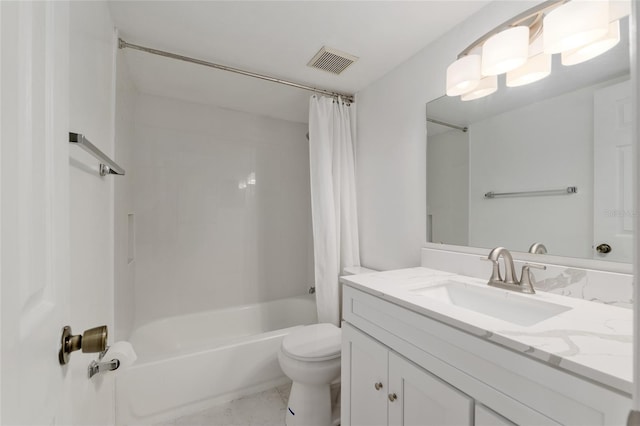 bathroom with shower / bathtub combination with curtain, toilet, and vanity