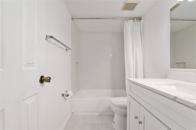full bath featuring toilet, shower / tub combo with curtain, vanity, marble look tile flooring, and baseboards