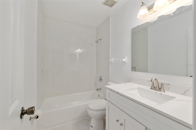 bathroom featuring toilet, vanity, shower / bath combination, and marble look tiles