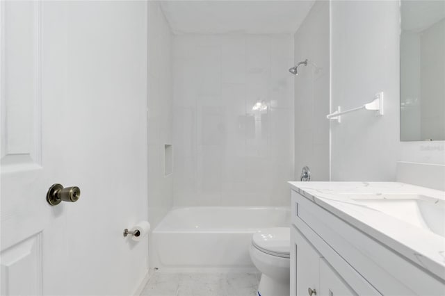 bathroom with toilet, vanity, shower / bath combination, and baseboards