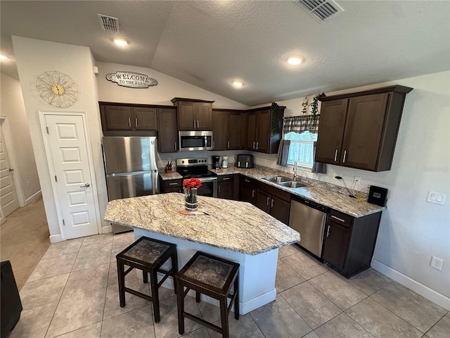 15835 NW 123rd Ave, Alachua, FL 32615 - kitchen with stainless steel appliances, a sink, lofted ceiling, dark brown cabinetry, and light stone counters