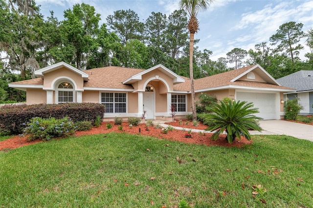 single story home with stucco siding, concrete driveway, a garage, and a front lawn