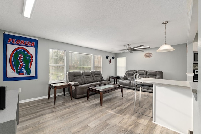 2601 SW Archer Rd Unit G 128, Gainesville, FL 32608 - living room with light wood finished floors, a textured ceiling, ceiling fan, and baseboards