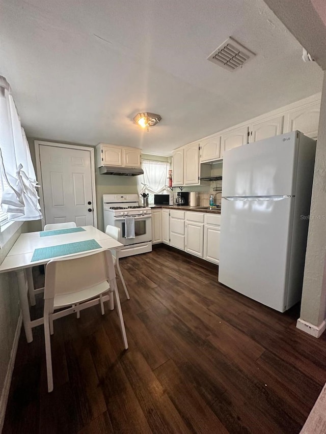 2529 SE 11th Ave, Gainesville, FL 32641 - kitchen with white appliances, dark wood-style flooring, white cabinetry, a sink, and under cabinet range hood