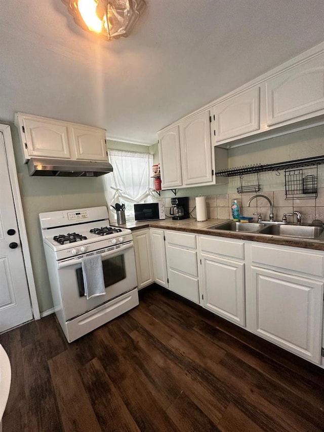 2529 SE 11th Ave, Gainesville, FL 32641 - kitchen with gas range gas stove, a sink, dark wood-style floors, and white cabinetry