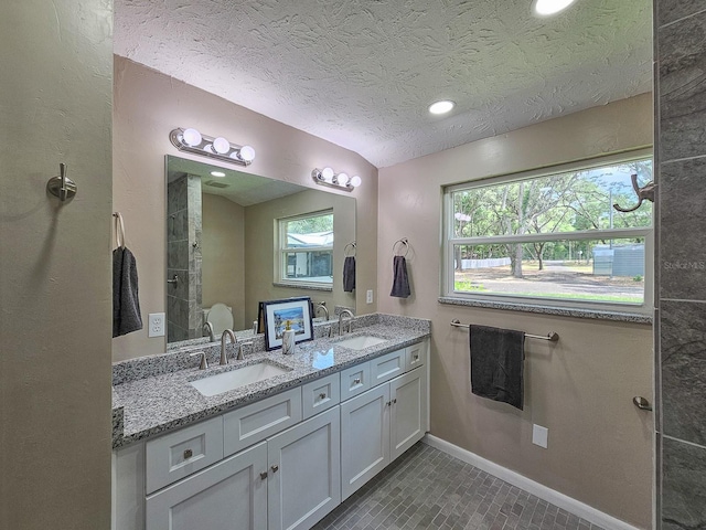 7972 State Rd Unit 100, Keystone Heights, FL 32656 - bathroom with double vanity, baseboards, recessed lighting, and a textured ceiling
