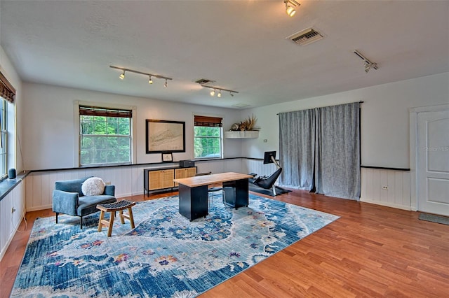20250 NW 71st Ct, Micanopy, FL 32667 - office space featuring rail lighting, a wainscoted wall, and wood finished floors