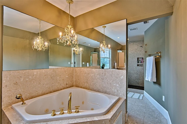 20250 NW 71st Ct, Micanopy, FL 32667 - full bath featuring a chandelier, baseboards, a tub with jets, and walk in shower