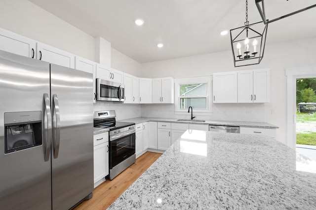 3645 Frederick Ave, Bell, FL 32619 - kitchen featuring appliances with stainless steel finishes, a sink, light stone counters, decorative backsplash, and recessed lighting