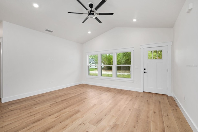 3645 Frederick Ave, Bell, FL 32619 - unfurnished living room featuring a ceiling fan, light wood-style floors, recessed lighting, vaulted ceiling, and baseboards