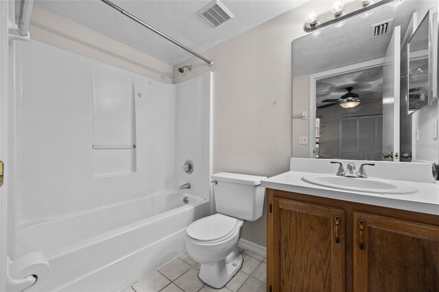 5841 SW 8th Pl, Gainesville, FL 32607 - bathroom featuring tile patterned floors, toilet, vanity, ceiling fan, and shower / bath combination