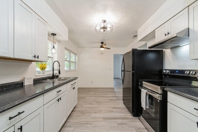 2911 NE 17th Ter, Gainesville, FL 32609 - kitchen with electric stove, a sink, under cabinet range hood, a ceiling fan, and light wood finished floors