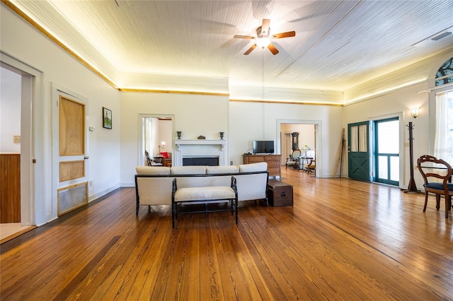 502 NE Cholokka Blvd, Micanopy, FL 32667 - living area featuring hardwood / wood-style flooring, a ceiling fan, and a fireplace
