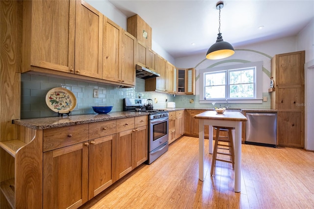 502 NE Cholokka Blvd, Micanopy, FL 32667 - kitchen featuring appliances with stainless steel finishes, light wood finished floors, backsplash, pendant lighting, and under cabinet range hood
