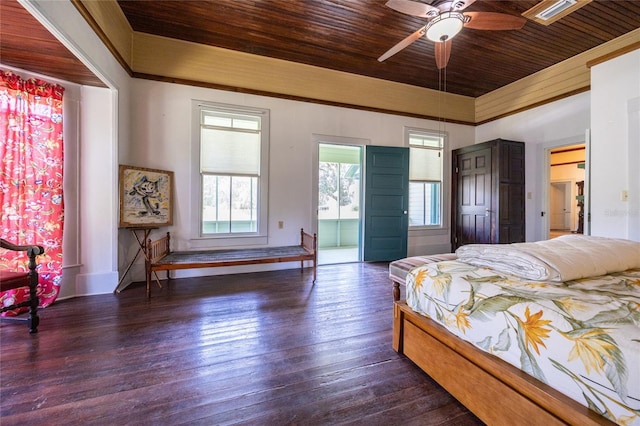 502 NE Cholokka Blvd, Micanopy, FL 32667 - bedroom with wood ceiling, dark wood-style flooring, crown molding, and baseboards