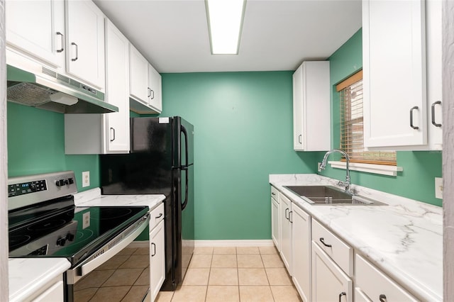2360 SW Archer Rd Unit 1102, Gainesville, FL 32608 - kitchen with stainless steel electric range oven, under cabinet range hood, a sink, white cabinets, and light stone counters