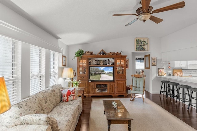 1786 S Border Ave, Inverness, FL 34452 - living room with wood finished floors, a ceiling fan, and lofted ceiling