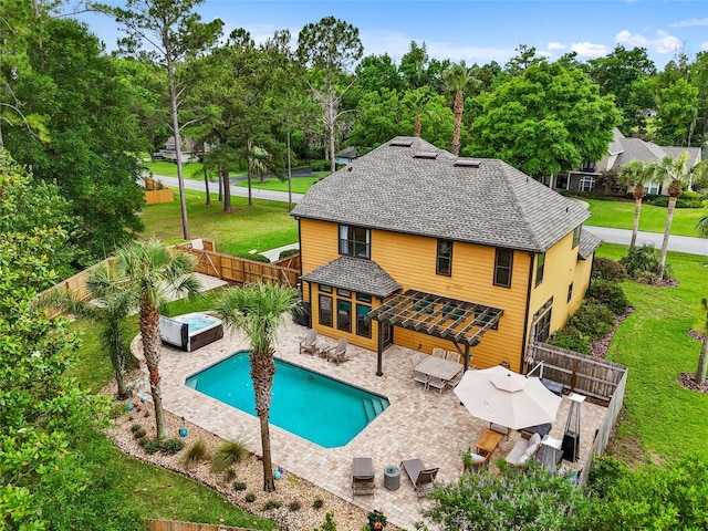 view of swimming pool featuring a patio and outdoor dining space