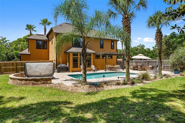 back of house featuring a patio area, an outdoor hangout area, a pergola, roof with shingles, and outdoor dining area