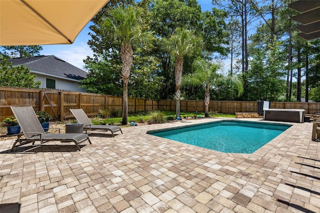 view of pool featuring a patio area, a fenced backyard, and a hot tub