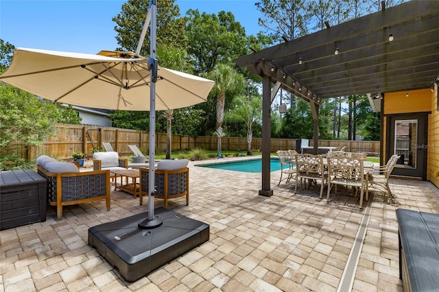 view of patio with outdoor dining area, a fenced backyard, a pergola, and an outdoor hangout area