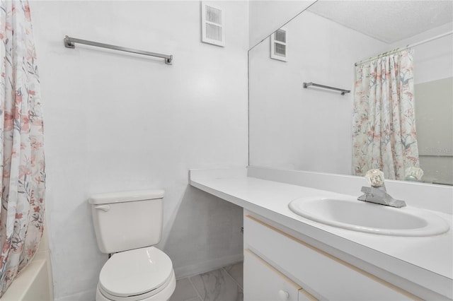 full bath with toilet, vanity, marble look tiles, shower / bath combo, and a textured ceiling