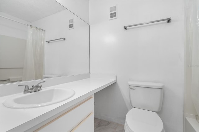 full bathroom with toilet, a shower with curtain, vanity, baseboards, and a bath
