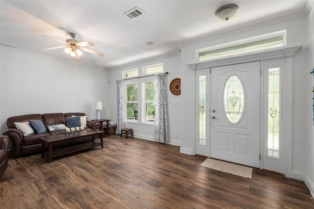 14204 SW 70th St, Archer, FL 32618 - entryway featuring dark wood-style floors, a ceiling fan, crown molding, and baseboards
