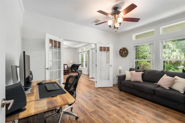 14204 SW 70th St, Archer, FL 32618 - office space with french doors, crown molding, wood finished floors, a ceiling fan, and baseboards
