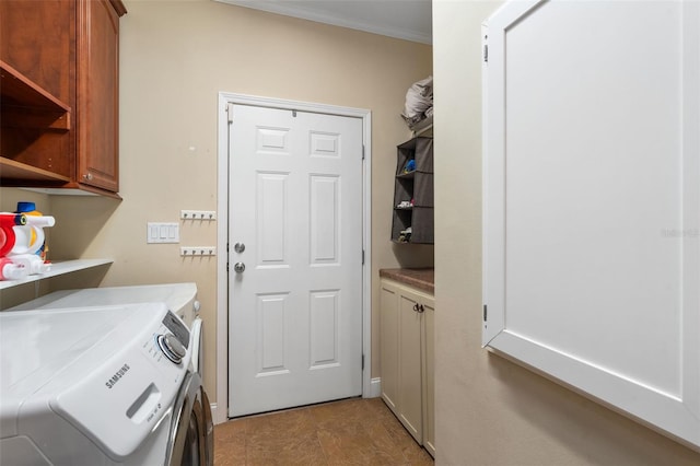 14204 SW 70th St, Archer, FL 32618 - laundry area with cabinet space, washer and clothes dryer, and ornamental molding