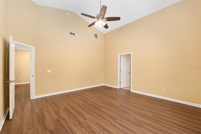 3664 NW 55th Ln, Gainesville, FL 32653 - empty room featuring high vaulted ceiling, a ceiling fan, baseboards, and wood finished floors