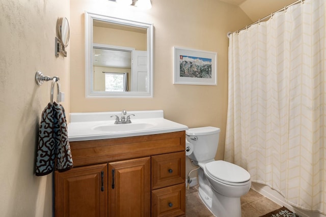 bathroom featuring vanity, toilet, tile patterned flooring, and curtained shower