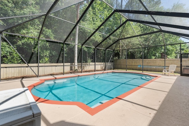 view of swimming pool featuring a fenced backyard, central AC, and a patio area