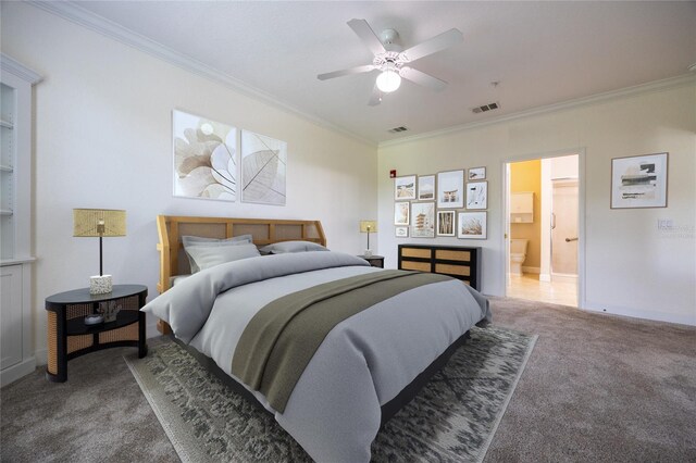 4715 SW 91st Dr Unit 302, Gainesville, FL 32608 - bedroom with carpet flooring, ornamental molding, baseboards, ceiling fan, and connected bathroom