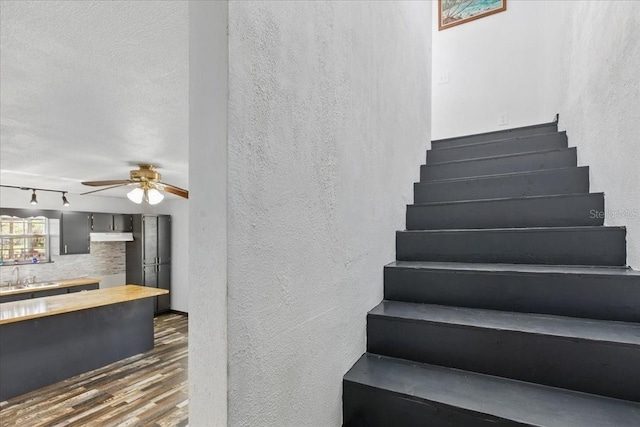 203 1st Ave SE, Steinhatchee, FL 32359 - staircase featuring a textured wall, wood finished floors, a ceiling fan, and track lighting