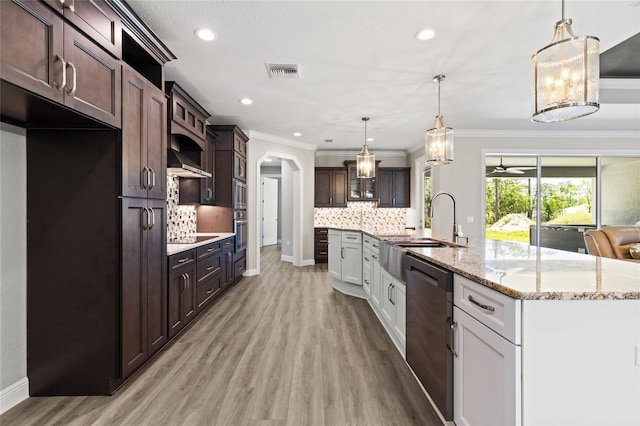 17781 SW 72nd Street Rd, Dunnellon, FL 34432 - kitchen featuring stainless steel dishwasher, crown molding, decorative backsplash, dark brown cabinetry, and light wood-style floors