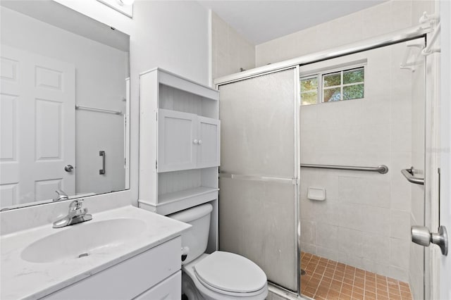 full bathroom featuring a stall shower, vanity, and toilet