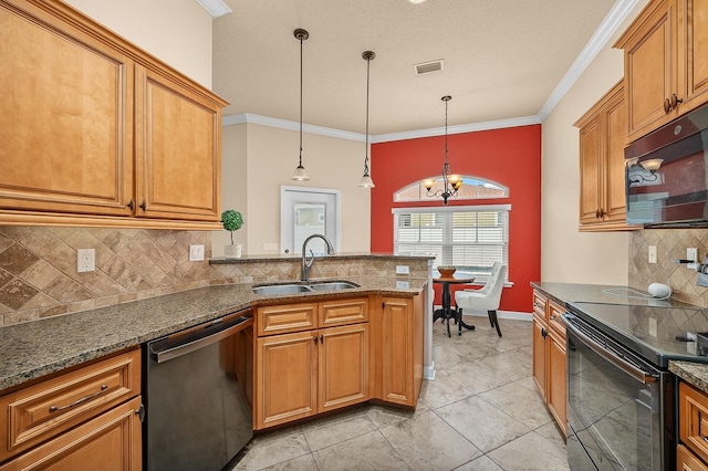 19152 NW 228th Way, High Springs, FL 32643 - kitchen featuring black appliances, a sink, a chandelier, decorative backsplash, and brown cabinets