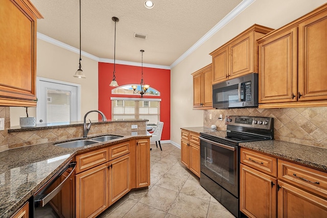 19152 NW 228th Way, High Springs, FL 32643 - kitchen with black range with electric stovetop, a sink, dishwashing machine, brown cabinets, and crown molding