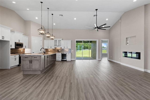 17887 SW 72nd Street Rd, Dunnellon, FL 34432 - kitchen with high vaulted ceiling, stainless steel appliances, wine cooler, open floor plan, and a ceiling fan