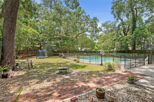 535 NE 9th Ave, Gainesville, FL 32601 - view of swimming pool with a trampoline, a fenced backyard, and view of scattered trees