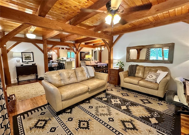 living area featuring wood finished floors, wood ceiling, beamed ceiling, and ceiling fan