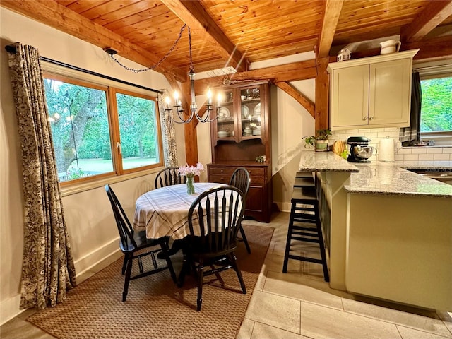 dining area featuring wooden ceiling, a chandelier, beamed ceiling, and baseboards