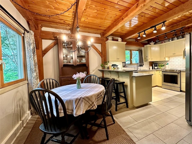 dining room featuring wooden ceiling, a chandelier, track lighting, and beamed ceiling