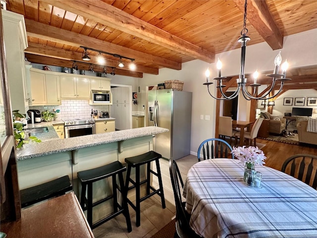 dining room with wooden ceiling, a chandelier, beam ceiling, and baseboards