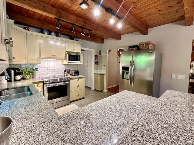 kitchen with stainless steel appliances, wood ceiling, rail lighting, a sink, and tasteful backsplash