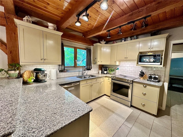 kitchen featuring track lighting, stainless steel appliances, wooden ceiling, a sink, and decorative backsplash